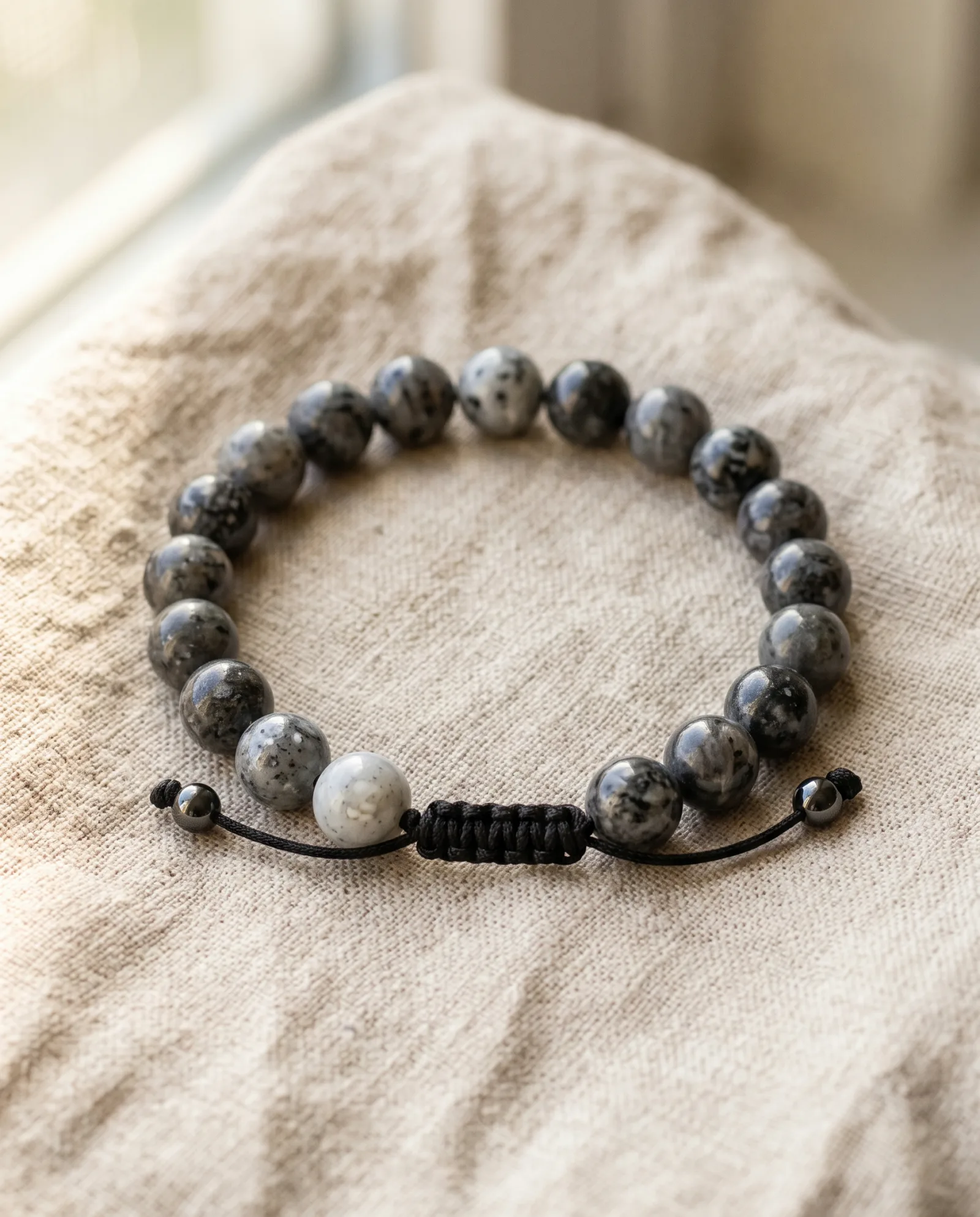 Bracelet en perles de pierre grise/anthracite 8mm, nœud coulissant ajustable