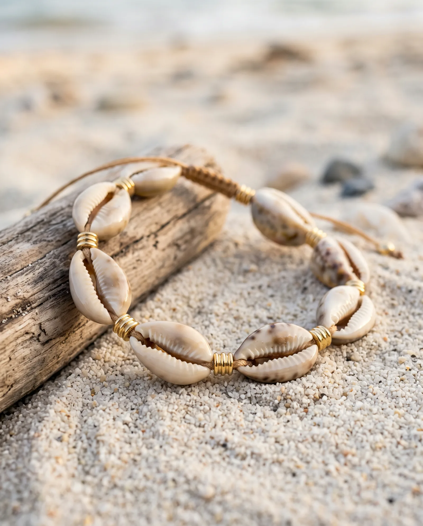 Bracelet en coquillages cauris avec intercalaires dorés