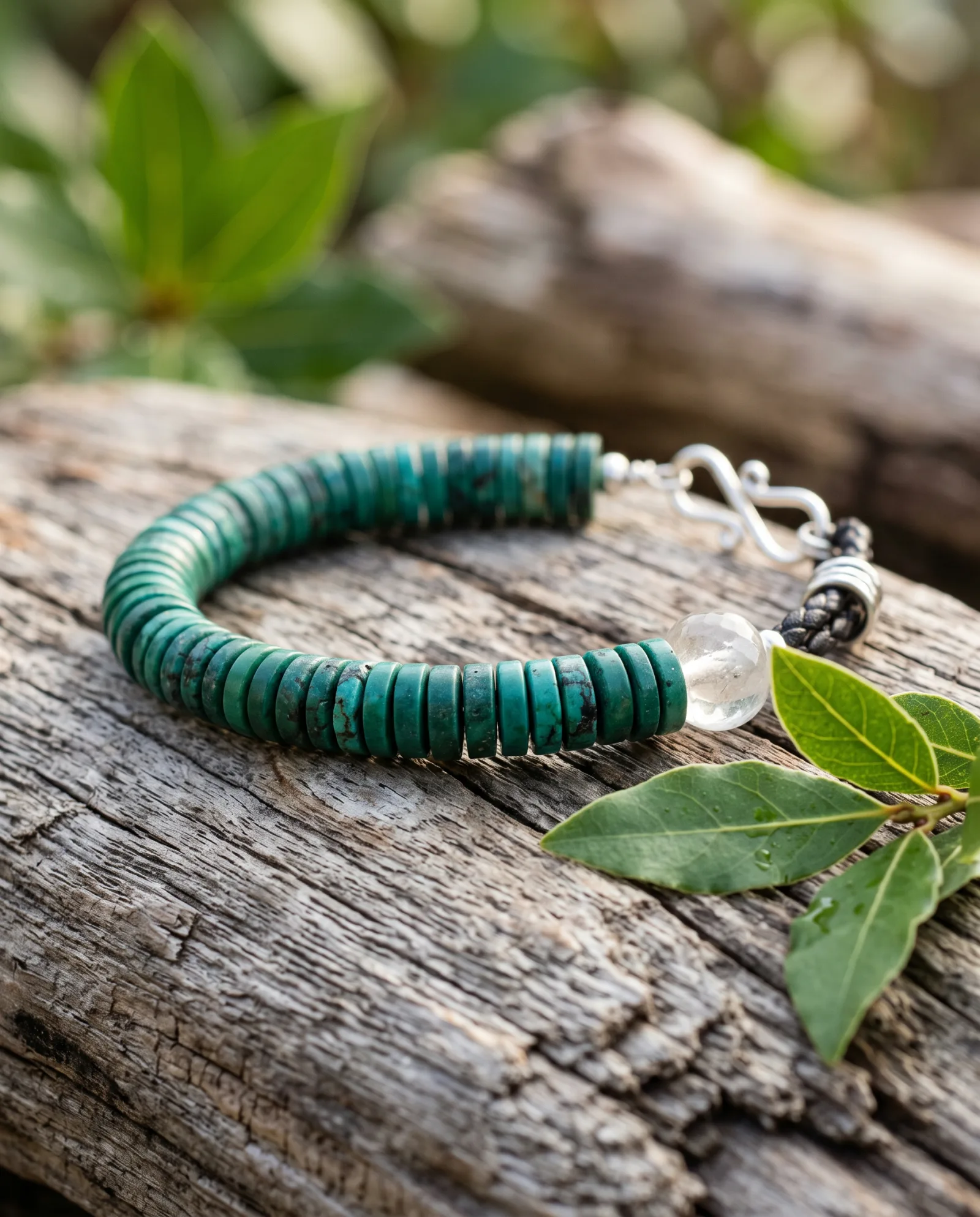 Bracelet en rondelles heishi turquoise et une perle de quartz pâle